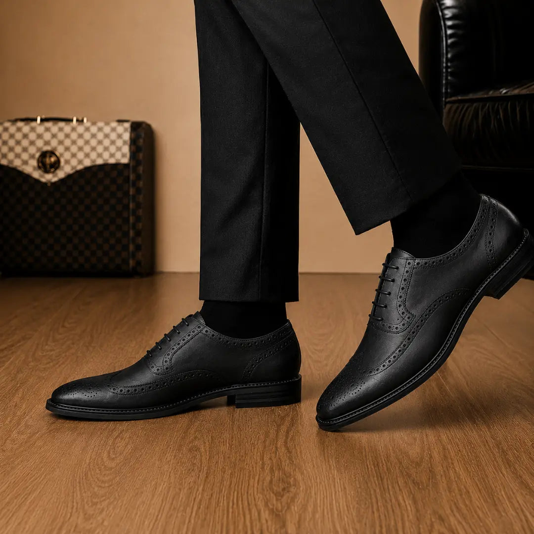 Melodiapelle Missourie Longwing Brogue Derby in black leather worn with formal trousers, on-feet shot