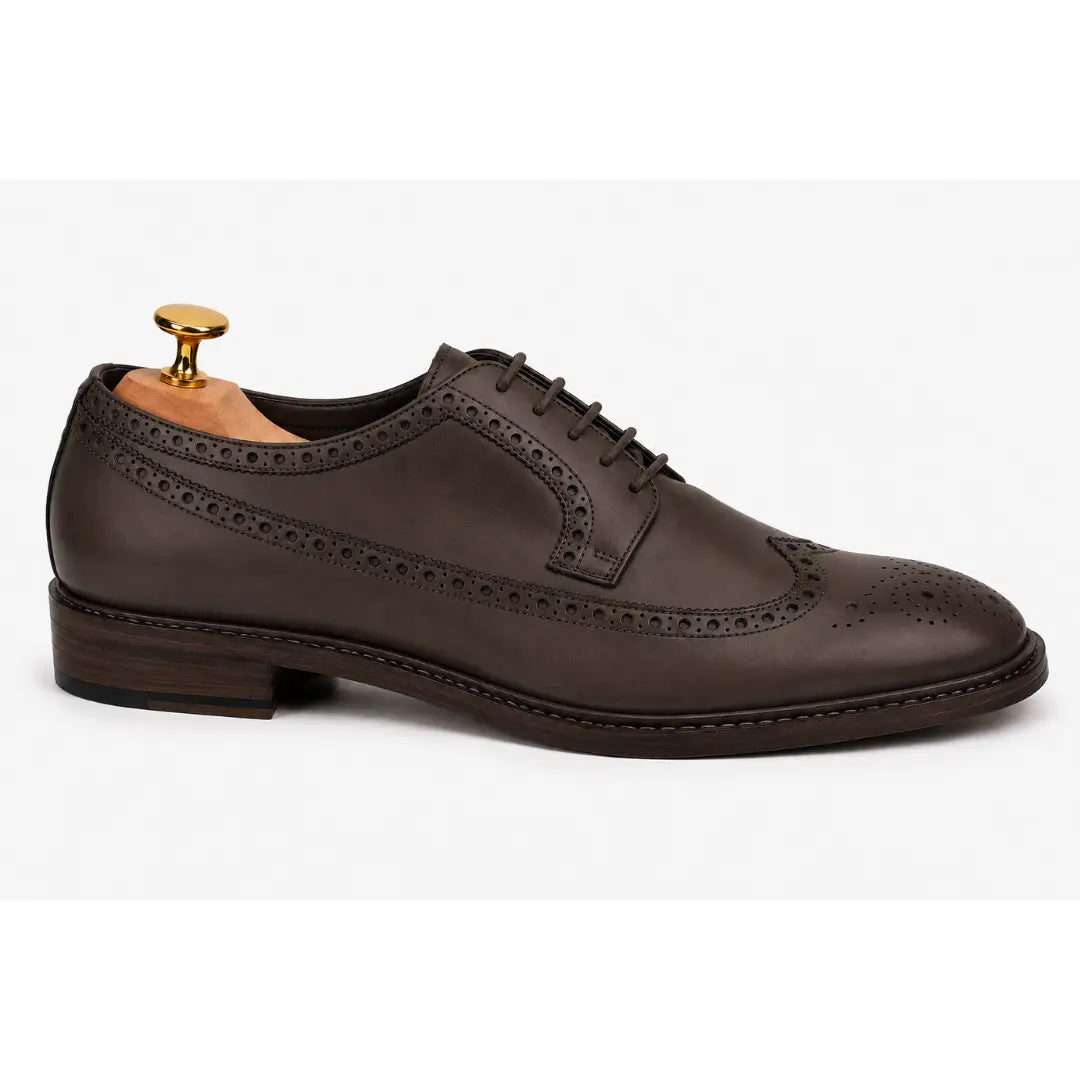 Side profile of the Missourie Longwing Brogue Derby in brown leather on white background