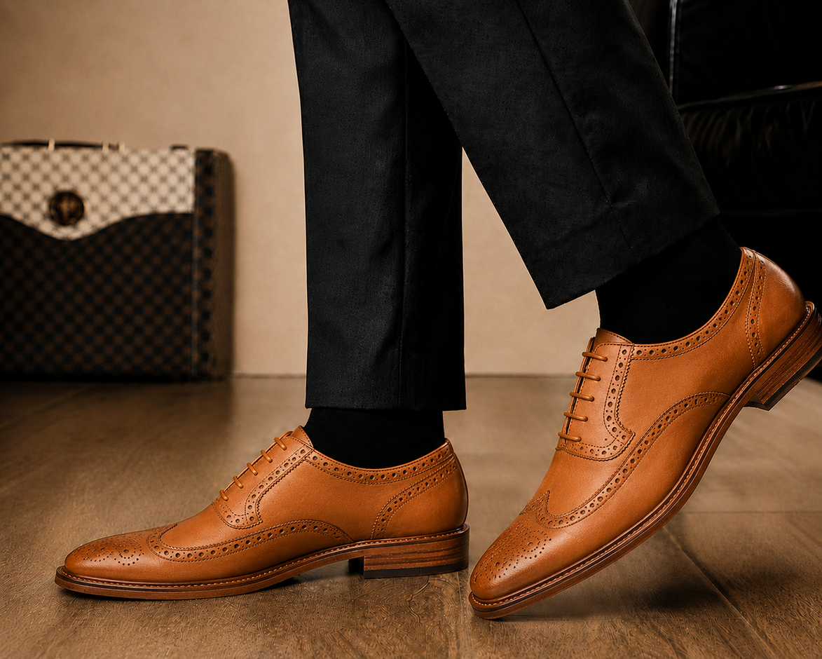 Melodiapelle Missourie Longwing Brogue Derby in natural tan leather worn with formal trousers, on-feet shot