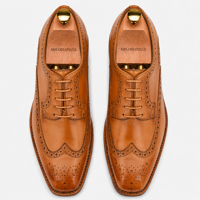 Melodiapelle Missourie Longwing Brogue Derby in natural tan leather, pair top-down view, handcrafted in Agra