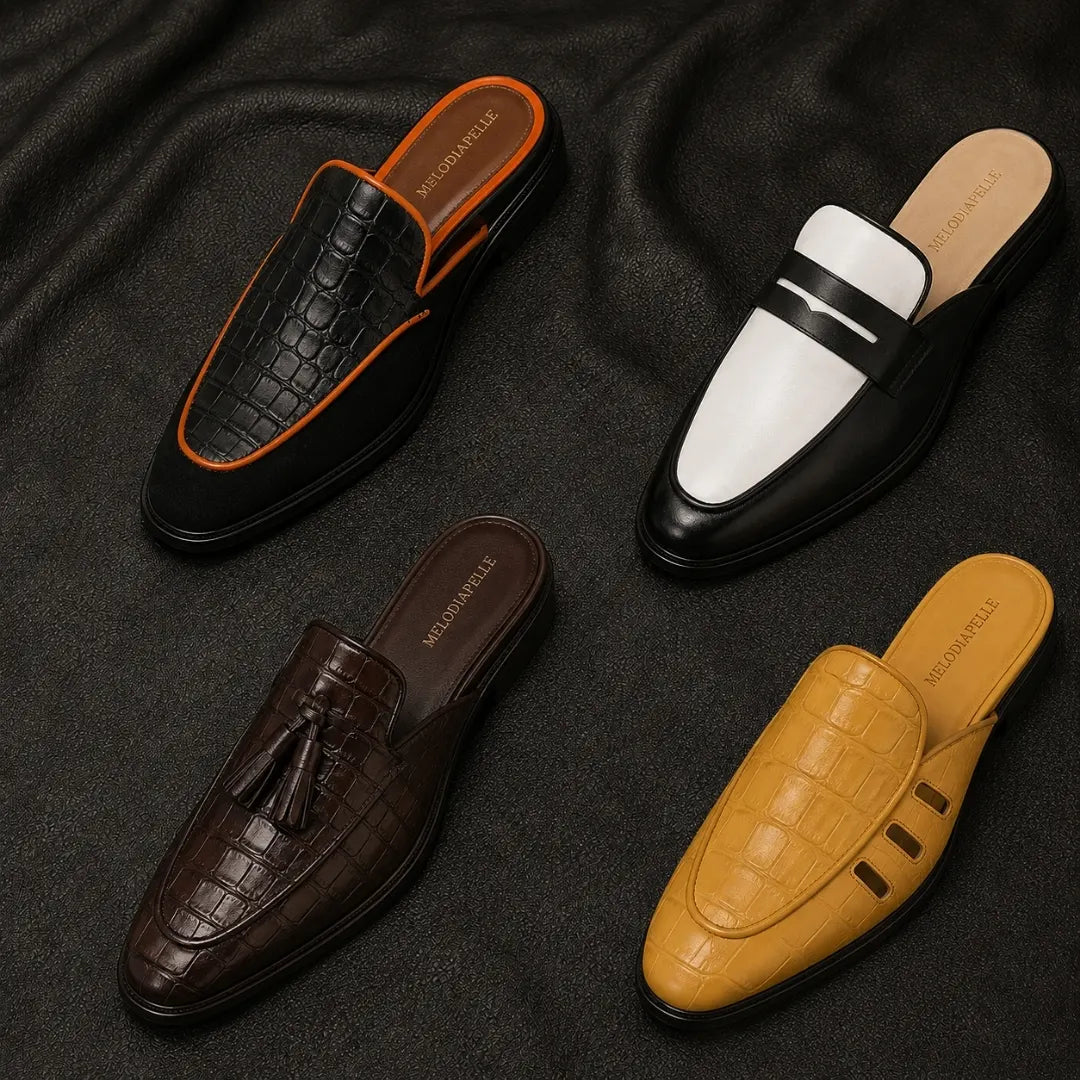 Melodiapelle Modena Mule collection in black, brown and tan leather, handcrafted penny mule loafers displayed together
