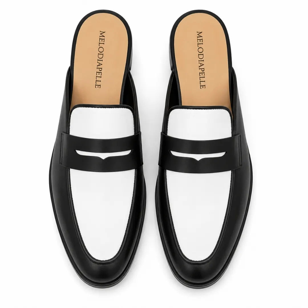 Melodiapelle Modena Mule in black and white leather, pair top-down view, handcrafted in Agra