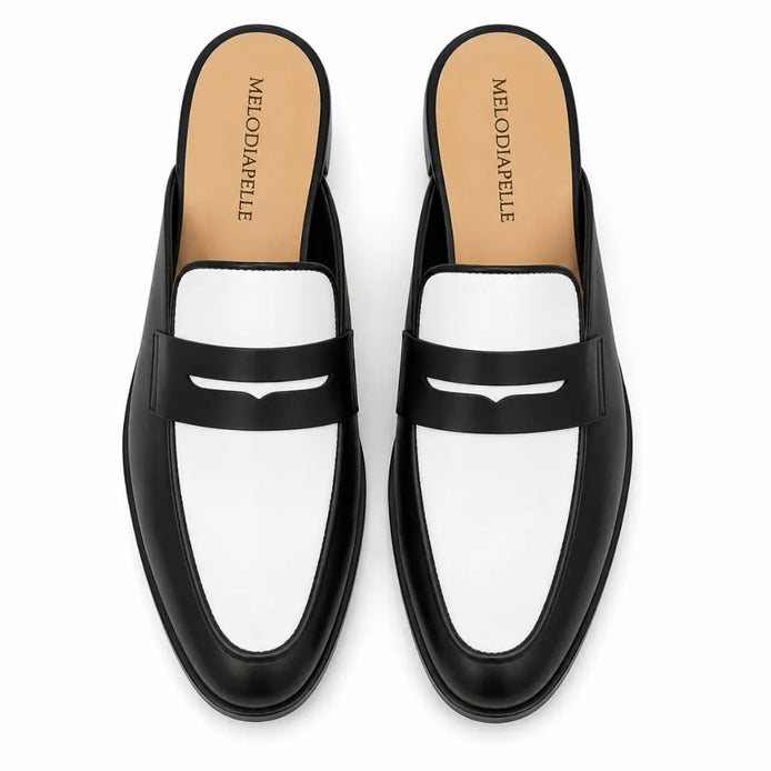 Melodiapelle Modena Mule in black and white leather, pair top-down view, handcrafted in Agra