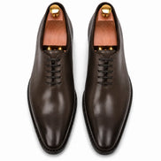 Melodiapelle Modesto Wholecut Oxford in brown leather, pair top-down view, handcrafted in Agra