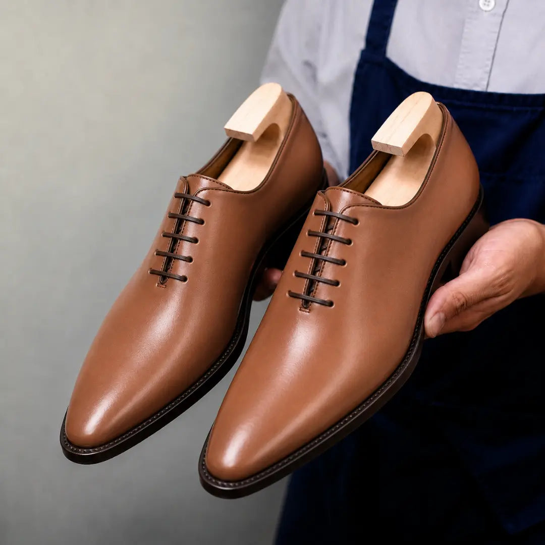 Man holding a pair of Melodiapelle Modesto Wholecut Oxford shoes in tan leather, close-up