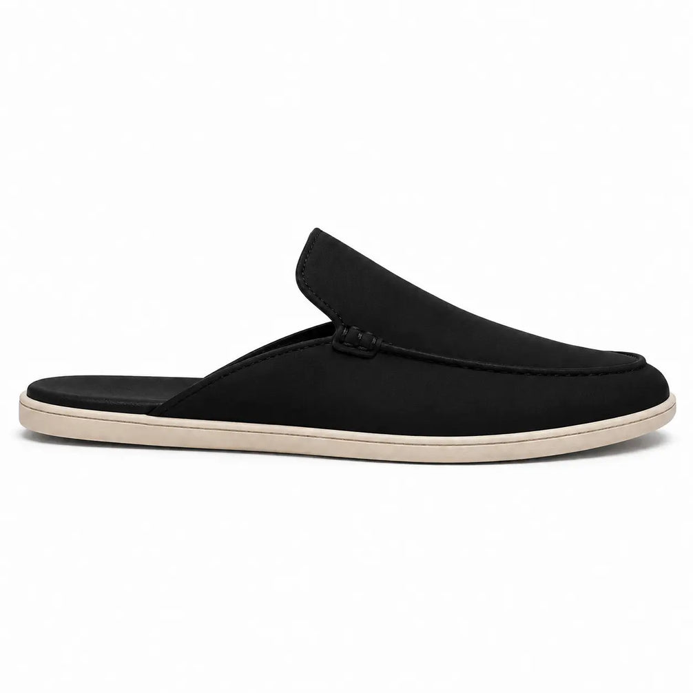 Side profile of the Mole Mule in black suede on white background