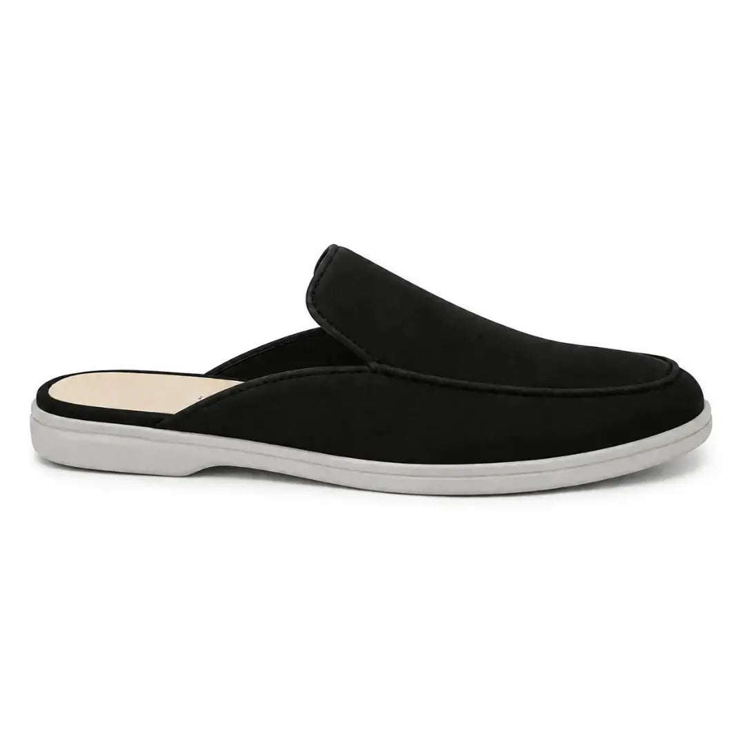 Side profile of the Mole Mule in black suede on white background