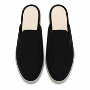 Melodiapelle Mole Mule in black suede, pair top-down view, handcrafted in Agra
