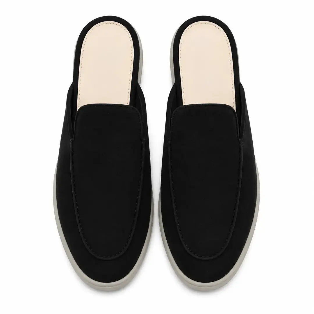 Melodiapelle Mole Mule in black suede, pair top-down view, handcrafted in Agra