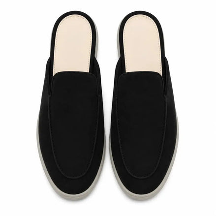 Melodiapelle Mole Mule in black suede, pair top-down view, handcrafted in Agra