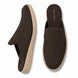 Dark brown suede backless mule slipper, three-quarter angle showing heel and sole detailing