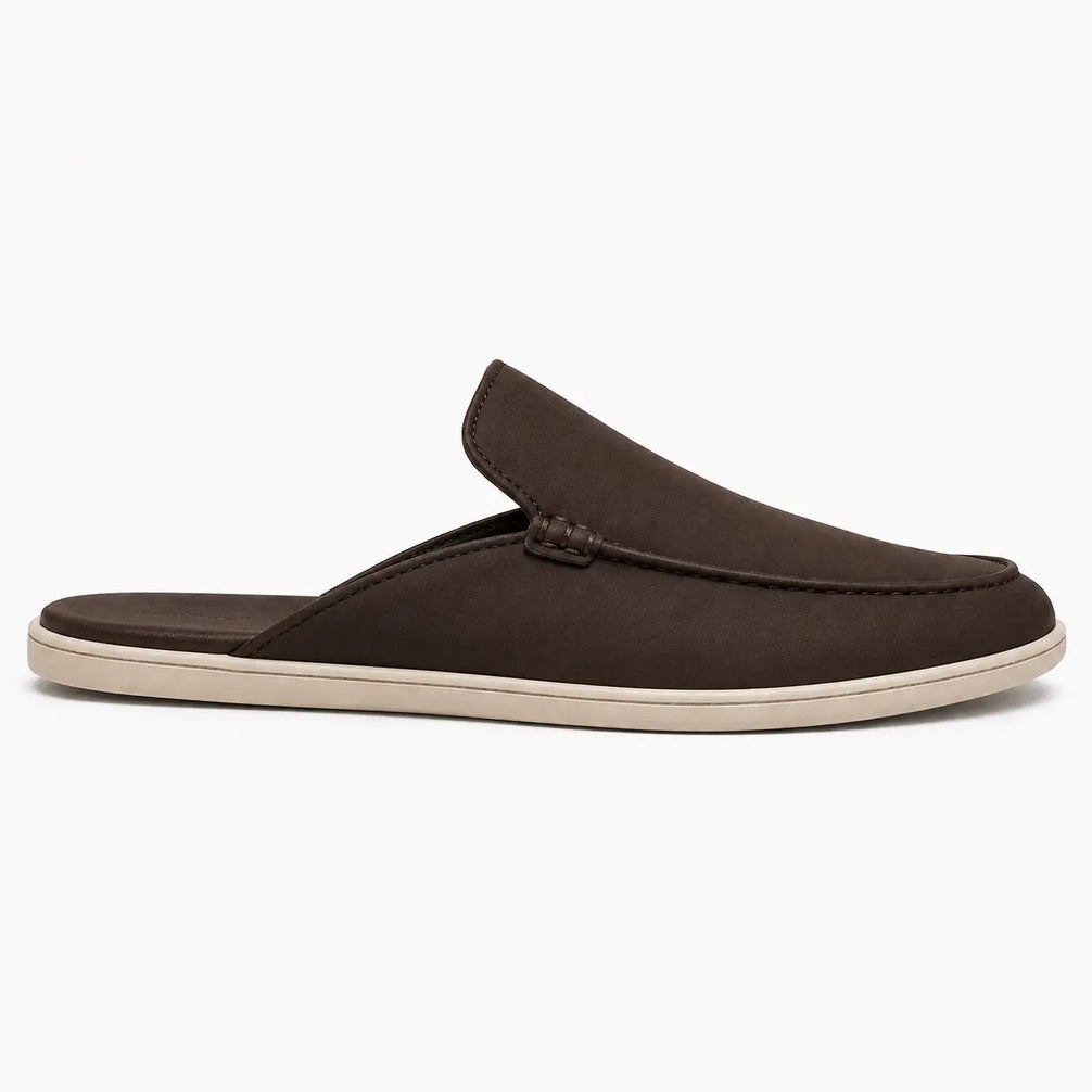 Side profile of the Mole Mule in dark brown suede on white background