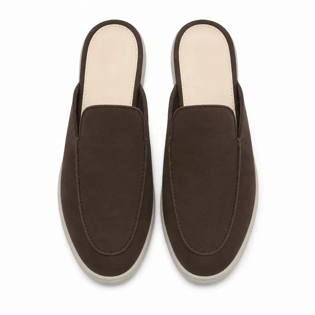 Melodiapelle Mole Mule in dark brown suede, pair top-down view, handcrafted in Agra