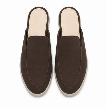 Melodiapelle Mole Mule in dark brown suede, pair top-down view, handcrafted in Agra