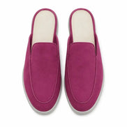 Melodiapelle Mole Mule in magenta pink suede, pair top-down view, handcrafted in Agra