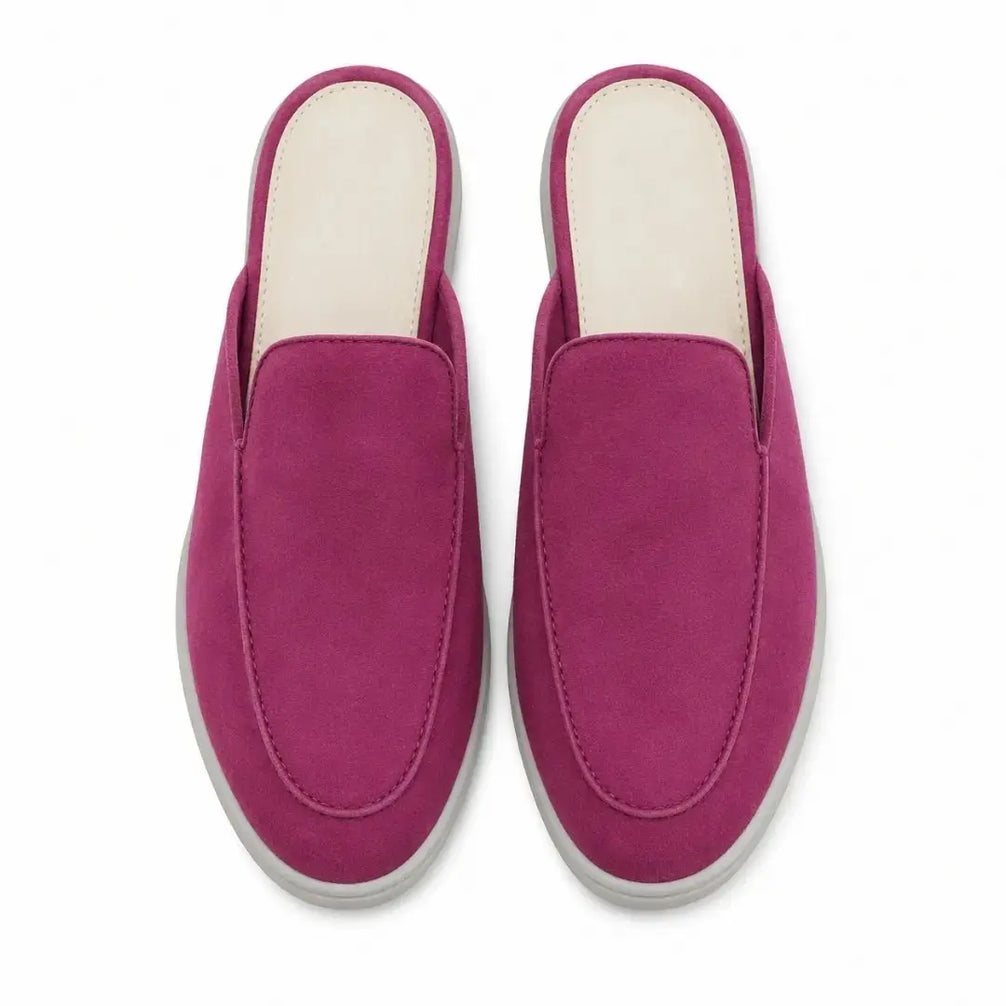 Melodiapelle Mole Mule in magenta pink suede, pair top-down view, handcrafted in Agra
