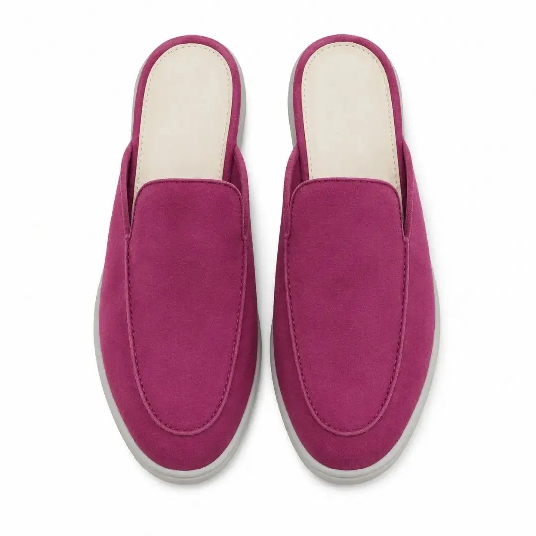 Melodiapelle Mole Mule in magenta pink suede, pair top-down view, handcrafted in Agra