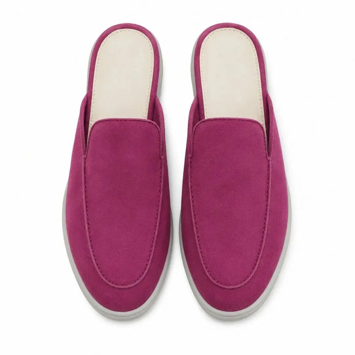 Melodiapelle Mole Mule in magenta pink suede, pair top-down view, handcrafted in Agra