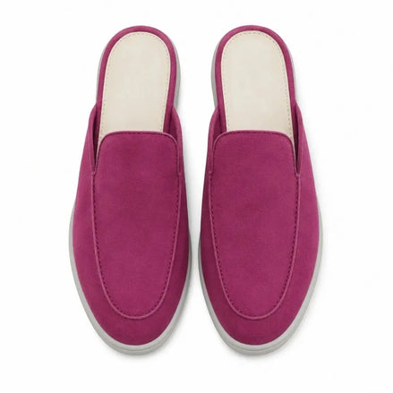 Melodiapelle Mole Mule in magenta pink suede, pair top-down view, handcrafted in Agra