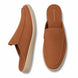 Tan rust suede backless mule slipper, three-quarter angle showing heel and sole detailing
