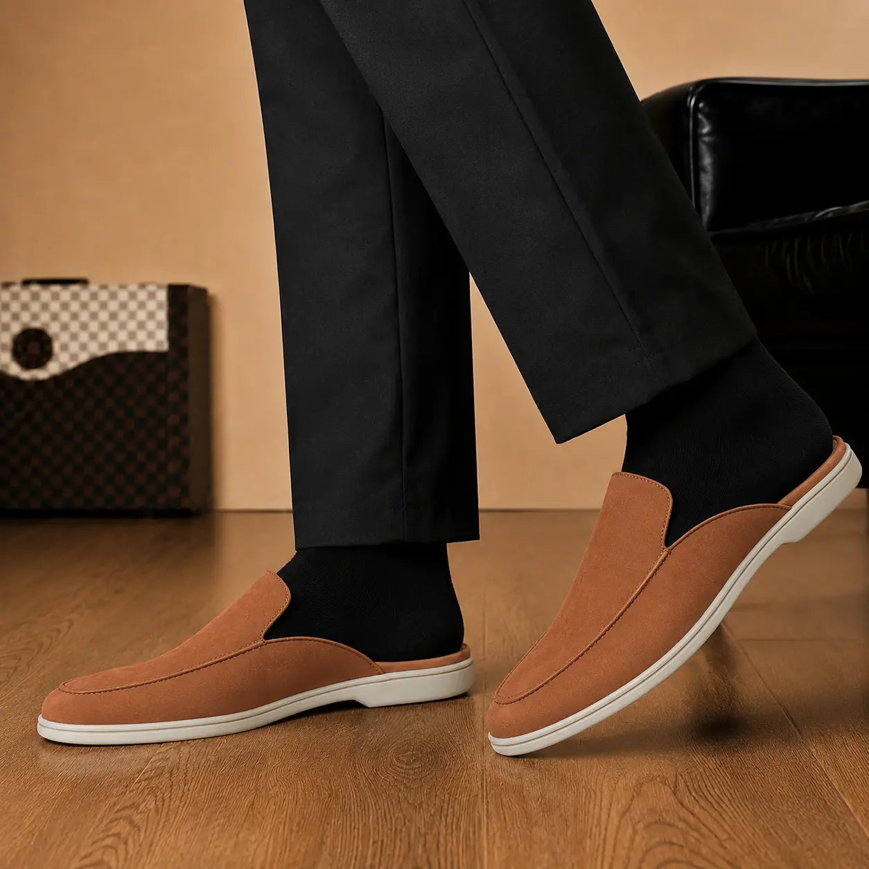 Melodiapelle Mole Mule in tan rust suede worn with trousers, on-feet shot
