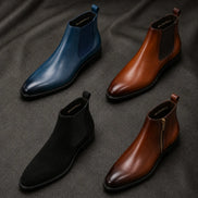 Melodiapelle Molino Zip Ankle Boot collection in cognac, blue and black leather, handcrafted ankle boots displayed together