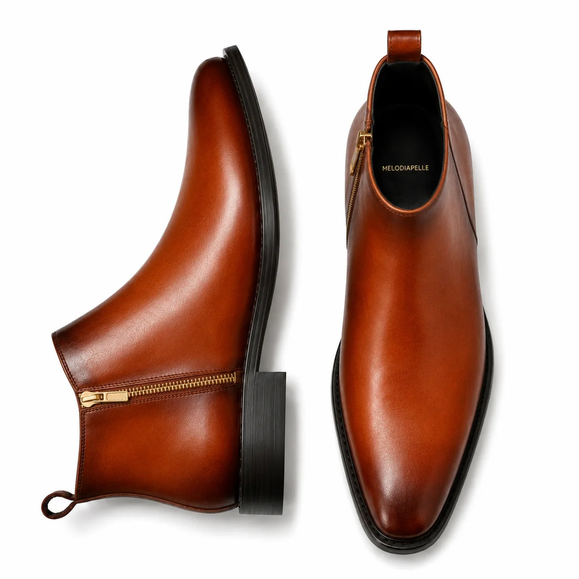 Burnished cognac leather zip ankle boots, three-quarter angle showing side zipper and heel
