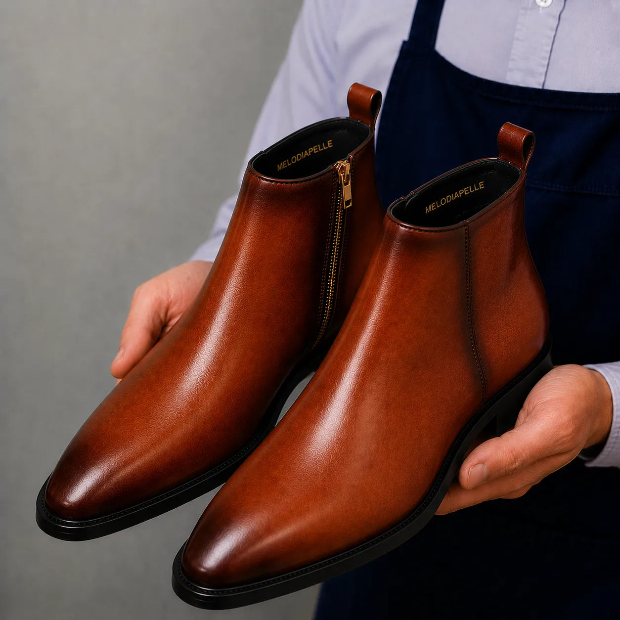 Man wearing Melodiapelle Molino Zip Ankle Boot in burnished cognac leather with trousers, on-feet shot