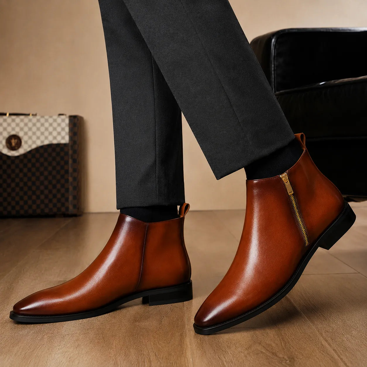 Melodiapelle Molino Zip Ankle Boot in burnished cognac leather worn with trousers, styled on-feet shot
