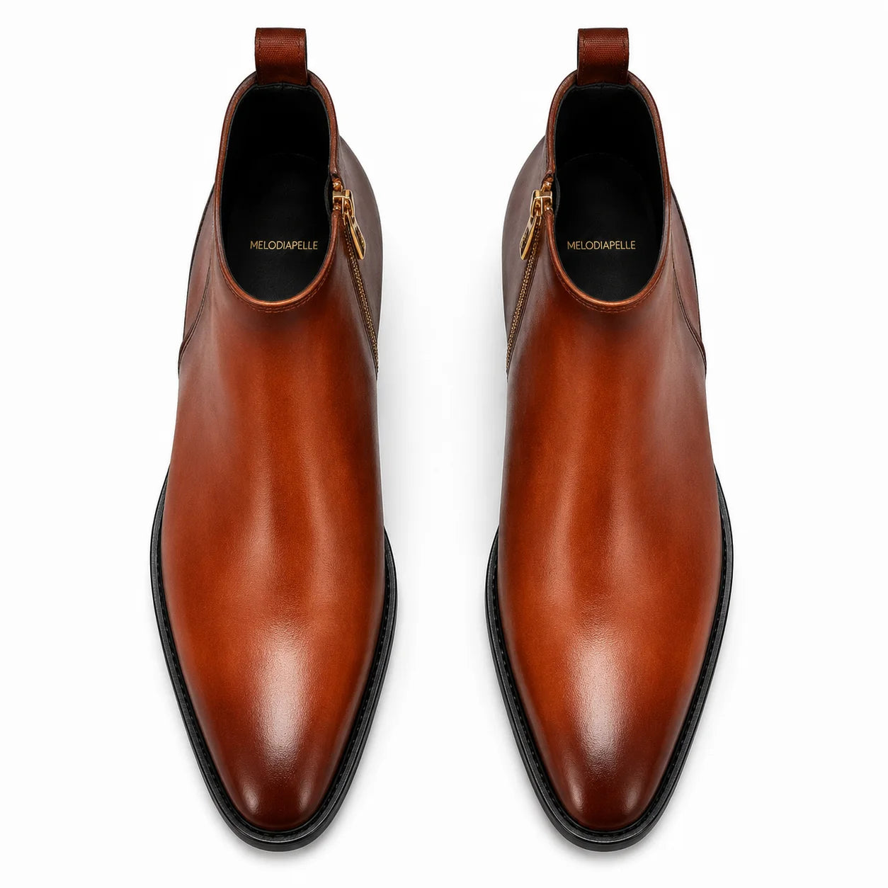 Melodiapelle Molino Zip Ankle Boot in burnished cognac leather, pair top-down view, handcrafted in Agra