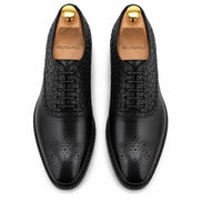 Melodiapelle Monaldo Woven Brogue Oxford in black leather, pair top-down view, handcrafted in Agra