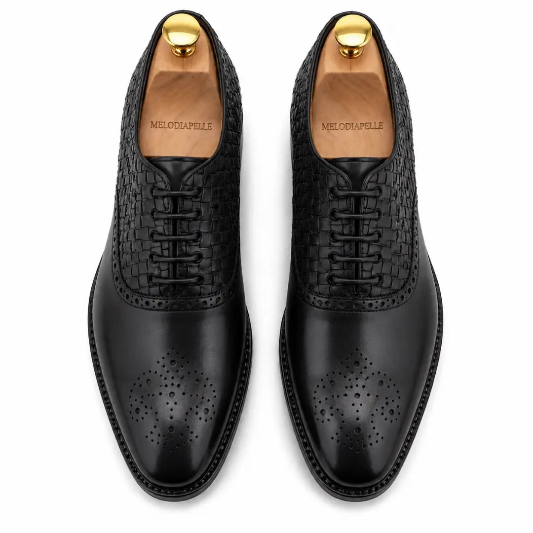 Melodiapelle Monaldo Woven Brogue Oxford in black leather, pair top-down view, handcrafted in Agra