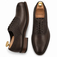 Brown leather woven brogue Oxford, three-quarter angle showing heel and brogue detailing
