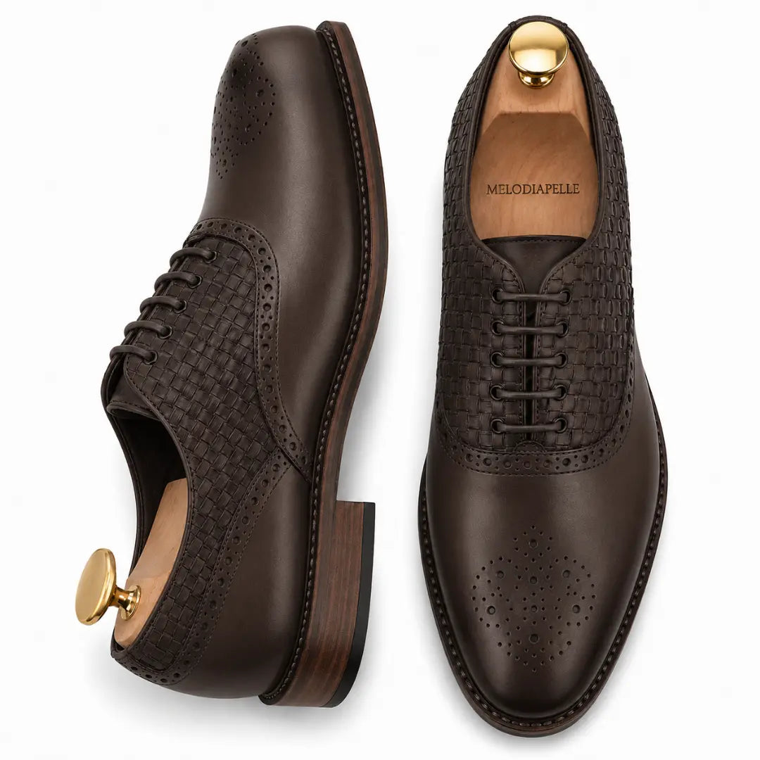 Brown leather woven brogue Oxford, three-quarter angle showing heel and brogue detailing