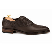 Side profile of the Monaldo Woven Brogue Oxford in brown leather on white background