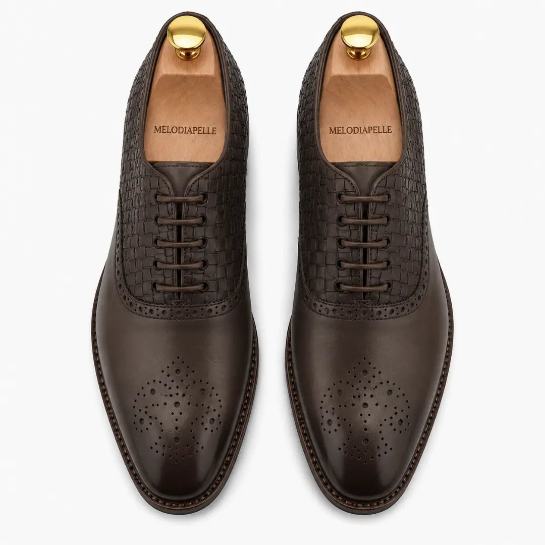 Melodiapelle Monaldo Woven Brogue Oxford in brown leather, pair top-down view, handcrafted in Agra