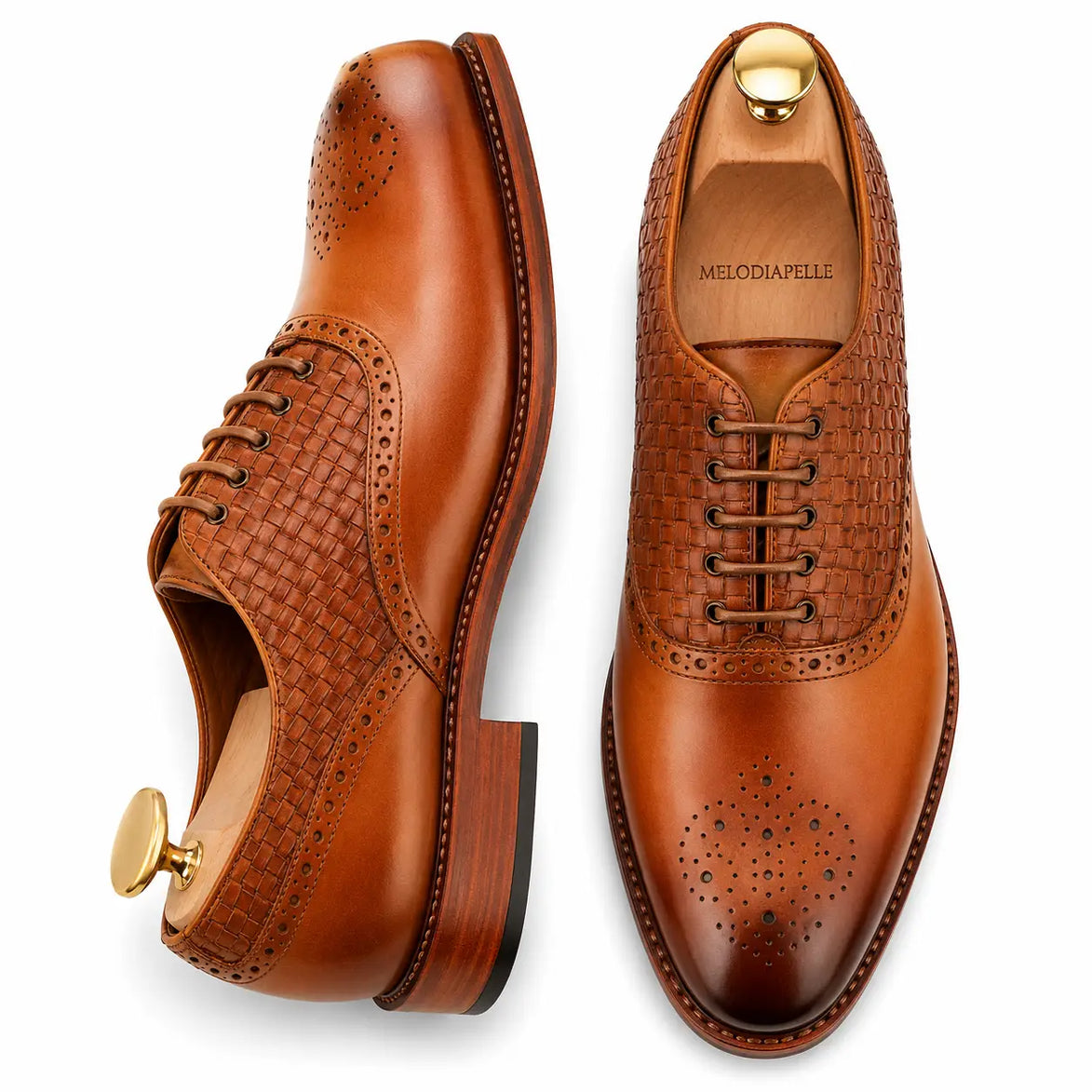 Honey cognac leather woven brogue Oxford, three-quarter angle showing heel and brogue detailing