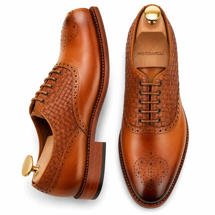 Honey cognac leather woven brogue Oxford, three-quarter angle showing heel and brogue detailing