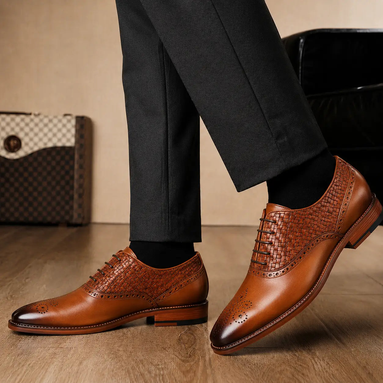 Melodiapelle Monaldo Woven Brogue Oxford in honey cognac leather worn with formal trousers, on-feet shot