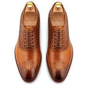 Melodiapelle Monaldo Woven Brogue Oxford in honey cognac leather, pair top-down view, handcrafted in Agra