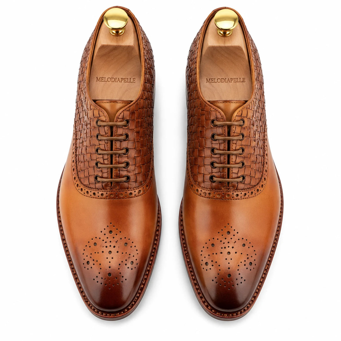 Melodiapelle Monaldo Woven Brogue Oxford in honey cognac leather, pair top-down view, handcrafted in Agra