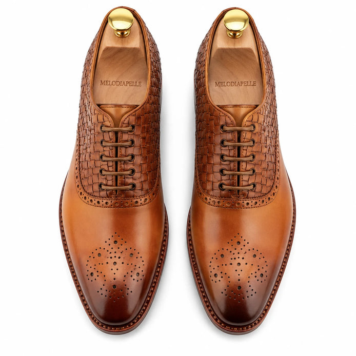 Melodiapelle Monaldo Woven Brogue Oxford in honey cognac leather, pair top-down view, handcrafted in Agra