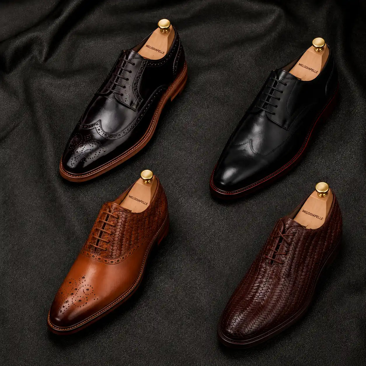 Melodiapelle Monaldo Woven Brogue Oxford collection in tan, black and brown leather, handcrafted woven brogue Oxford shoes displayed together