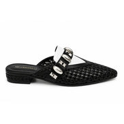 Side profile of the Monatella Mule in black and white woven leather on white background