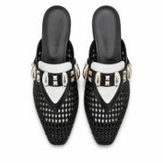 Melodiapelle Monatella Mule in black and white woven leather, pair top-down view, handcrafted in Agra
