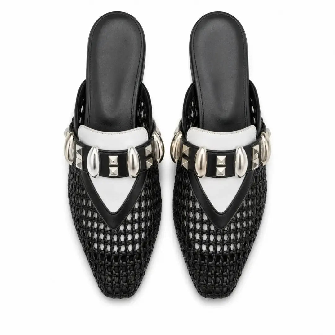 Melodiapelle Monatella Mule in black and white woven leather, pair top-down view, handcrafted in Agra