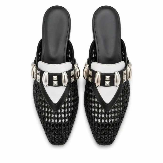 Melodiapelle Monatella Mule in black and white woven leather, pair top-down view, handcrafted in Agra