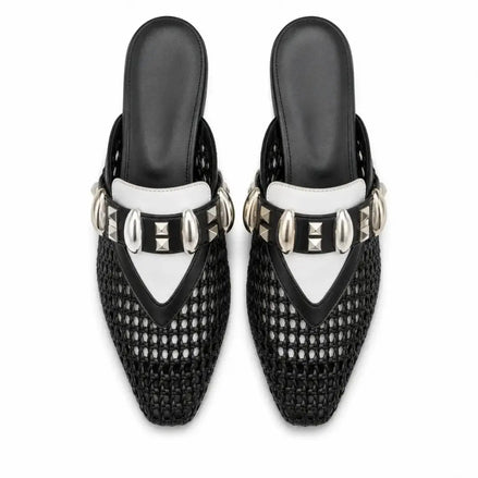 Melodiapelle Monatella Mule in black and white woven leather, pair top-down view, handcrafted in Agra