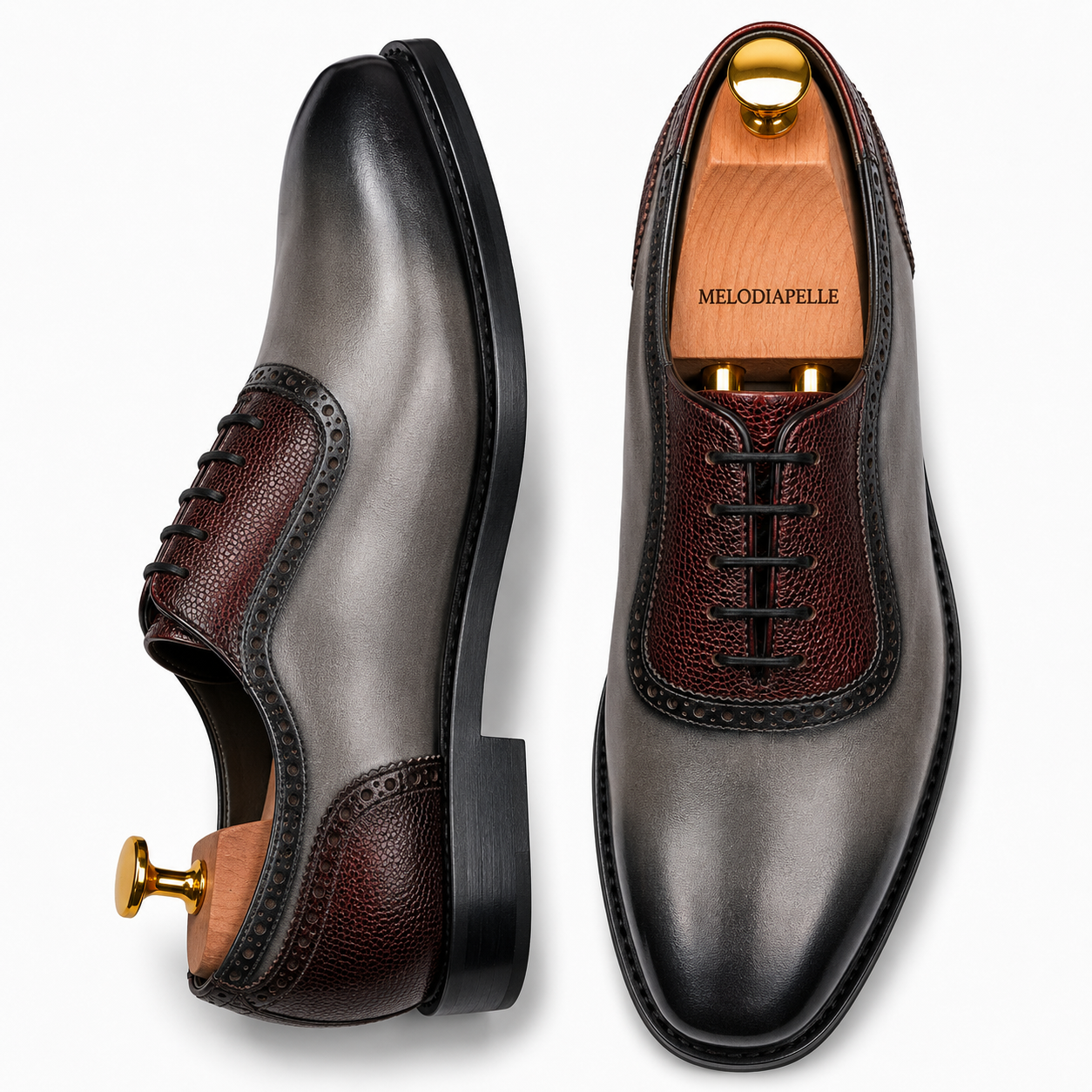 Storm grey and bordeaux leather saddle Oxford, three-quarter angle showing heel and two-tone detailing