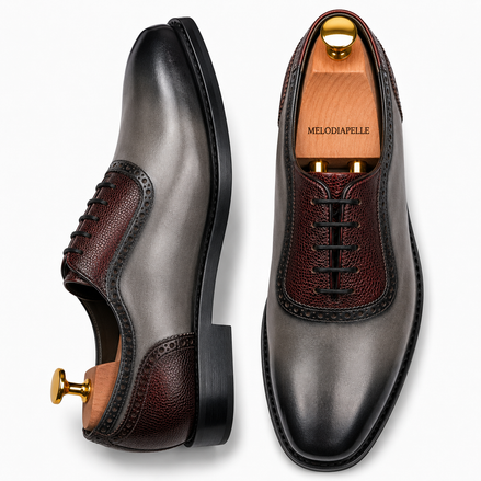 Storm grey and bordeaux leather saddle Oxford, three-quarter angle showing heel and two-tone detailing